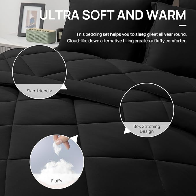 Love's cabin Oversized Queen Comforter Set Black, 7 Pieces Bed in a Bag, All Season Queen Bedding Sets with 1 Comforter, 1 Flat Sheet, 1 Fitted Sheet, 2 Pillowcase and 2 Pillow Sham | Soft, Breathable, Lightweight, Comfortable