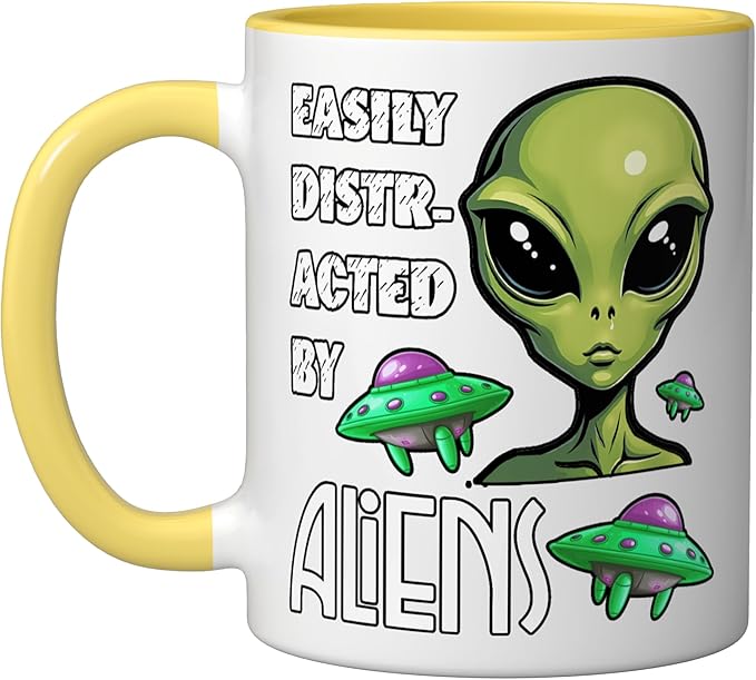 Easily Distracted By Aliens Funny Sci Fi Apparel Design Ceramic Mug, Yellow/White