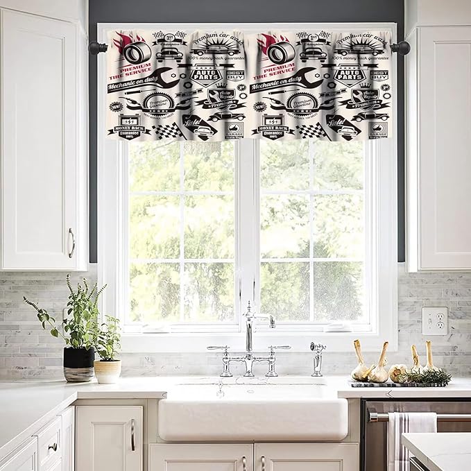 Retro Man Valances Curtains, Car Repair Shop Logos Monochrome Car Silhouettes Best Garage in Town, Windows Short Curtain Valance for Kitchen Bedroom Bathroom with Rod Pocket, 1 Panel 54X18 Inches