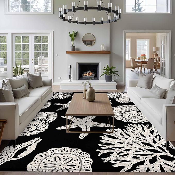 Area Rug 6x9ft, Marine Starfish Shell Conch Washable Rugs for Living Room Bedroom, Ocean Life on Black Soft Non-Slip Area Rugs Rectangle Floor Carpet for Dining Room