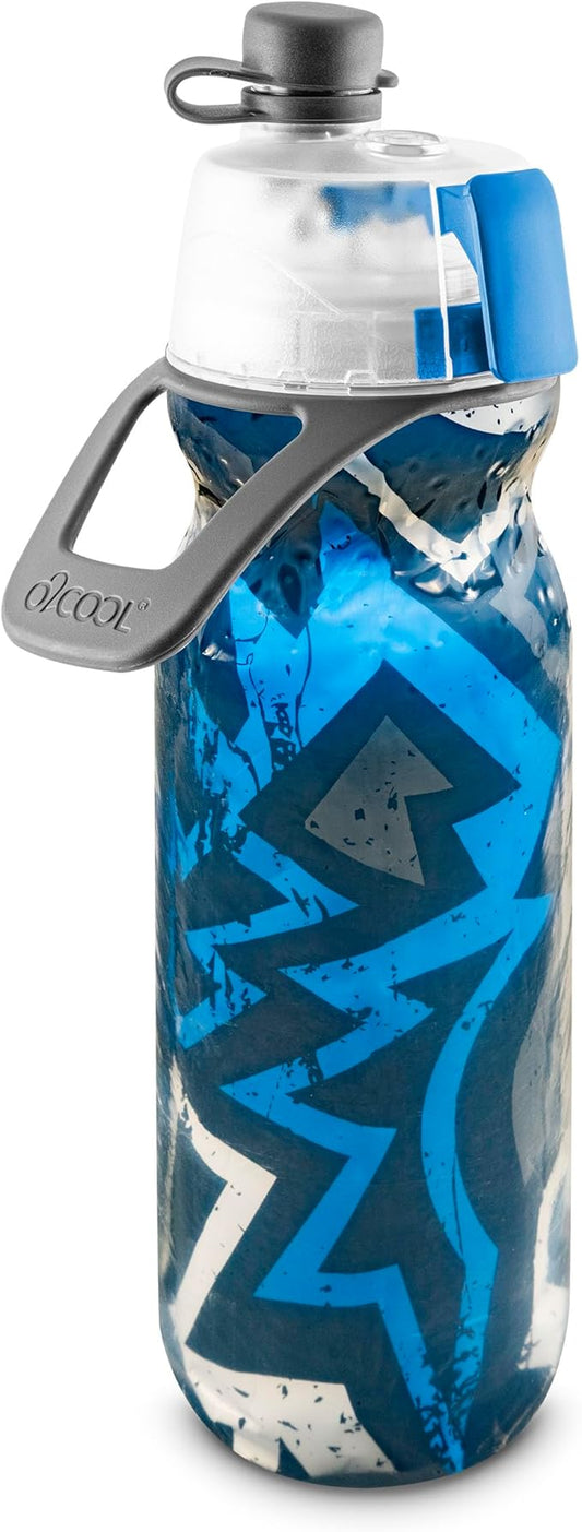 O2COOL Mist 'N Sip Misting Water Bottle 2-in-1 Mist And Sip Function With No Leak Pull Top Spout Reusable Sports Water Bottle - 20 oz (Graffiti Blue)