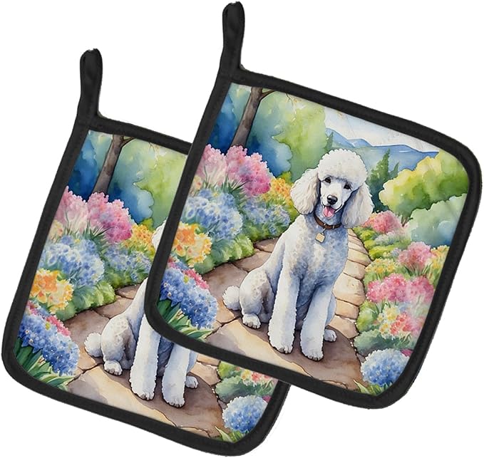 Caroline's Treasures White Poodle Spring Path Pair of Pot Holders Kitchen Heat Resistant Pot Holders Sets Oven Hot Pads for Cooking Baking BBQ, 7 1/2 x 7 1/2