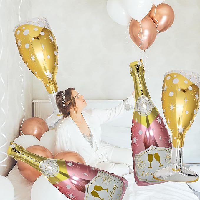 4 Pcs Champagne Balloons, Huge Rose Gold Champagne Bottle Goblet Aluminum Foil Balloons for Birthday, Bachelorette, Bridal Shower, Wedding, Anniversary, Engagement Party Decorations Supplies