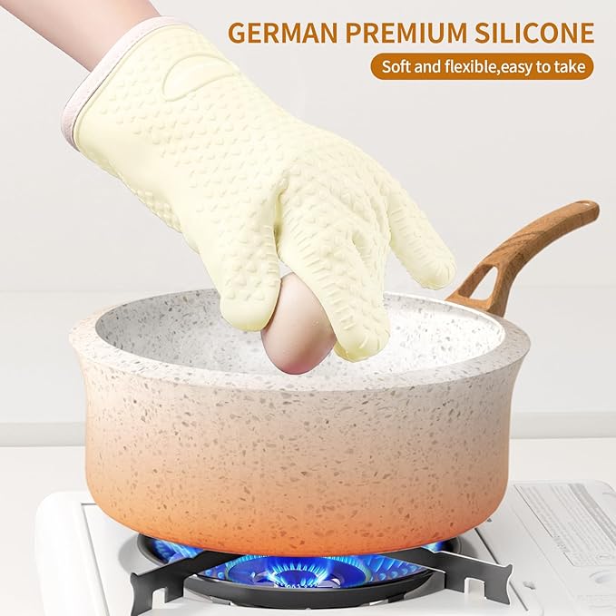 MAD SHARK Silicone Oven Mitts Heat Resistant 450°F,Waterproof & Non-Slip Oven Gloves with Fingers,Cotton Lined Silicone Oven Gloves Kitchen Mitts for Baking Cooking Barbecue,Women,Oven (White)