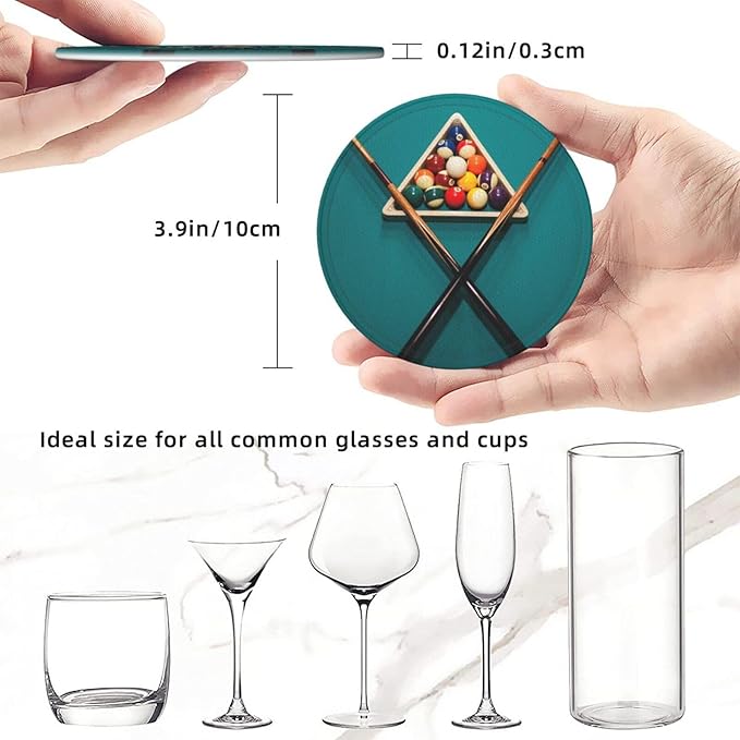 Billiards Leather Drinks Coasters with Holder, Set of 6, Suitable for Various Cups