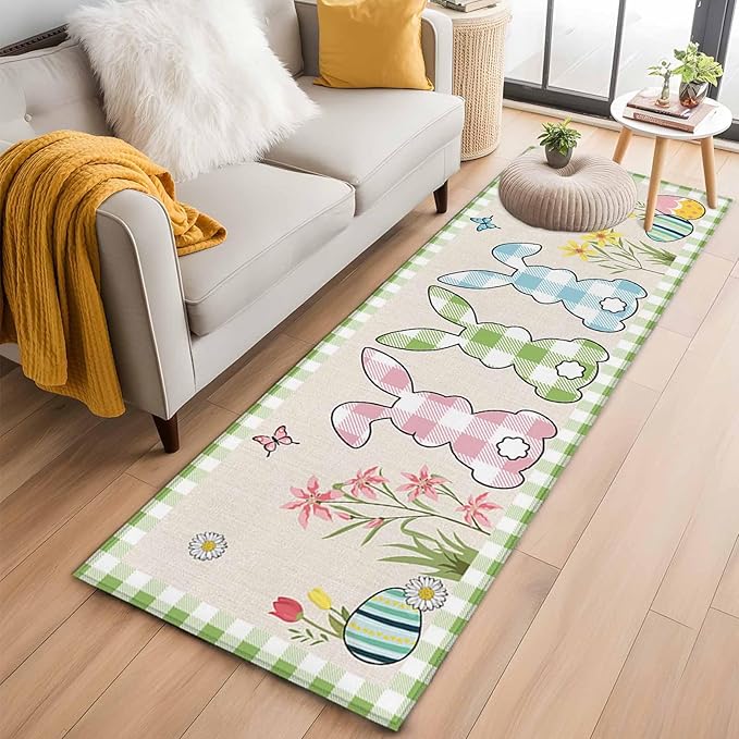 Runner Rug for Bedroom Hallway, Happy Easter Bunny Shadow Flowers Kitchen Runner Rugs Area Rug 2x6ft, Retro Linen Cotton and Grid Washable Soft Floor Carpet for Entryway Stair