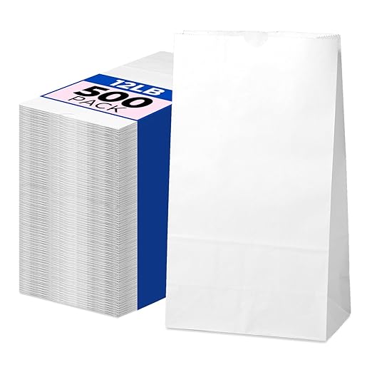 Fit Meal Prep 500 Pack 12 lb White Paper Lunch Bags, 13 x 7 x 4.5" Durable Paper Bags Bulk for Packing, Delivery, Take Out, Grocery, Retail Shopping, Premium Sack for Snacks, Bakery