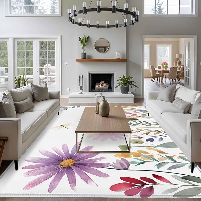 Area Rug 6x9ft, Country Field Purple Flowers Washable Rugs for Living Room Bedroom, Farm Floral Art Soft Non-Slip Area Rugs Rectangle Floor Carpet for Dining Room