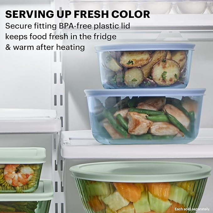Pyrex Colors Tinted (7 Cup) Large Round Food Storage Container, Snug Fit Non-Toxic Plastic BPA-Free Lids, Freezer Dishwasher Microwave Safe