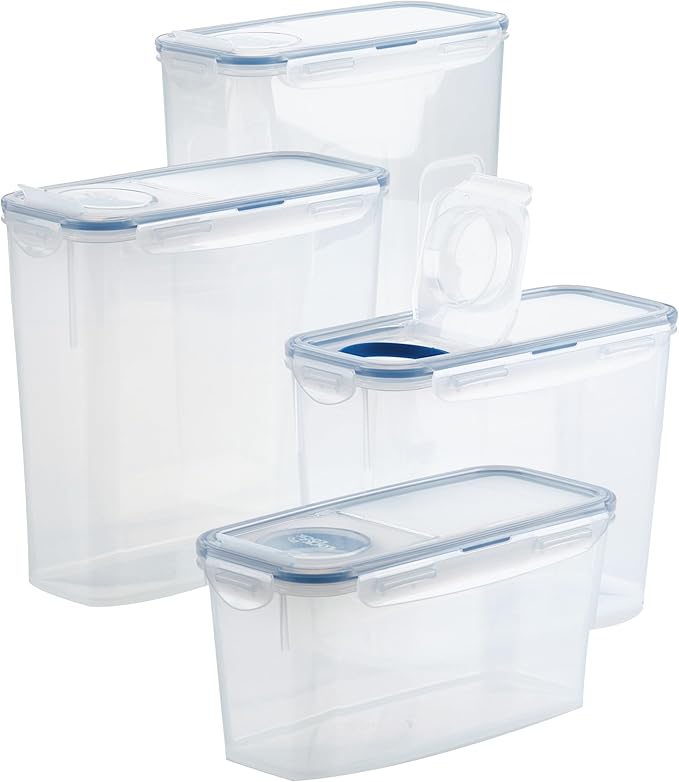 LocknLock Easy Essentials Pantry Food Storage Container Set/Food Storage Bin Set, Rectangular, BPA-free/Dishwasher Safe, 4 Piece - Clear