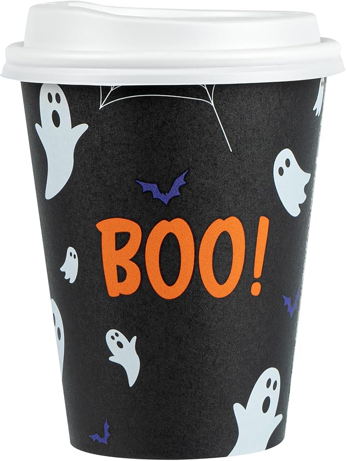 Restaurantware-Restpresso 12 Ounce Halloween Party Cups, 20 Disposable Hot Cups With Plastic Lids - Spooky Ghost Design, Rolled Rim, Black Paper Coffee Cups, Single Wall, Serve Hot And Cold Drinks