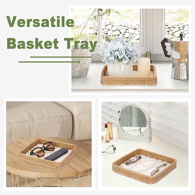 Handwoven Rattan Key Bowl Natural Wicker Serving Tray with Mother-of-Pearl Inlay Decorative Square Serving Tray, White