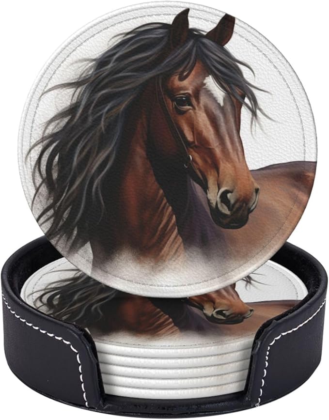 Famame 6 Pcs Handsome Brown Horse Leather Coasters for Drinks with Holder Coaster Sets Drink Table Cup Coasters for Living Room Kitchen Coffee Decor