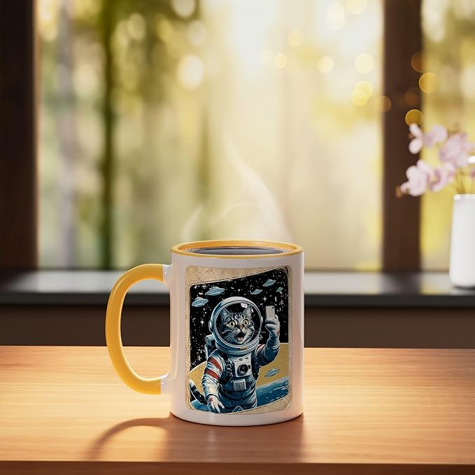 Space Cat Astronaut UFO Funny Sci-fi Alien Selfie Ceramic Mug, Yellow/White