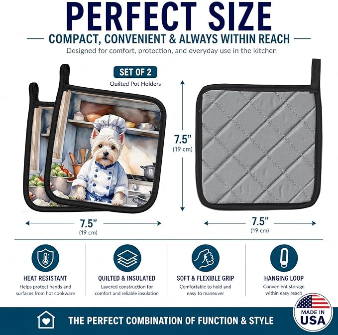 Caroline's Treasures Westie The Chef Pair of Pot Holders Kitchen Heat Resistant Pot Holders Sets Oven Hot Pads for Cooking Baking BBQ, 7 1/2 x 7 1/2