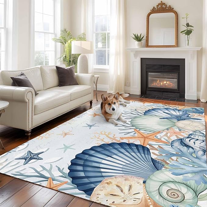 Area Rug 6x9ft, Underwater Shells Starfish on Blue Washable Rugs for Living Room Bedroom, Colorful Coral Soft Non-Slip Area Rugs Rectangle Floor Carpet for Dining Room