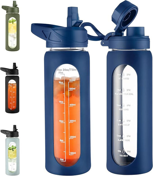 CIVAGO 24 oz Glass Water Bottle with Straw and Handle, Large Sports Motivational Water Bottle Flask with Time Marker and 2 Lids, Leakproof Jug Canteen with Silicone Sleeve for Gym, Navy Blue