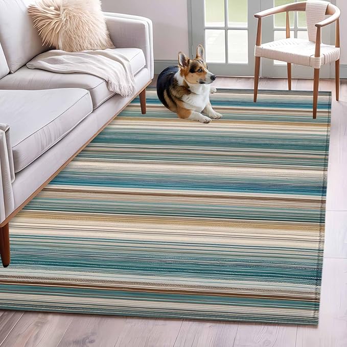 Area Rug 4x6ft, Minimalist Vertical Stripes Washable Rugs for Living Room Bedroom, Retro Boho Lines Soft Non-Slip Area Rugs Rectangle Floor Carpet for Dining Room