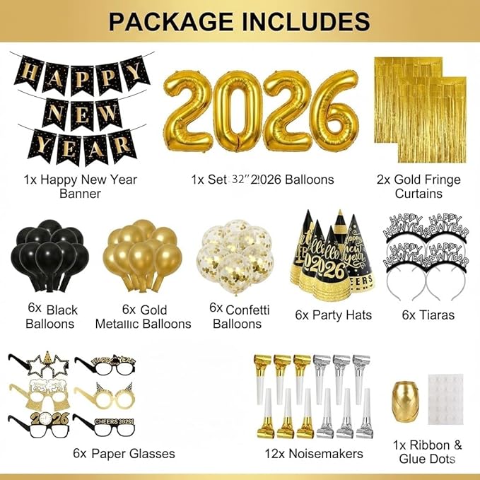 2026 Luxury New Year's Eve Party Decorations Kit | Black Gold White Confetti Balloons Banner, Jumbo 2026 Balloons,Curtain, Champagne Bottle for Countdown Backdrop Supplies