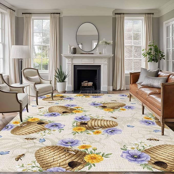 Area Rug 8x10ft, Garden Beehives Honeybees Washable Rugs for Living Room Bedroom, Country Purple Floral Soft Non-Slip Area Rugs Rectangle Floor Carpet for Dining Room