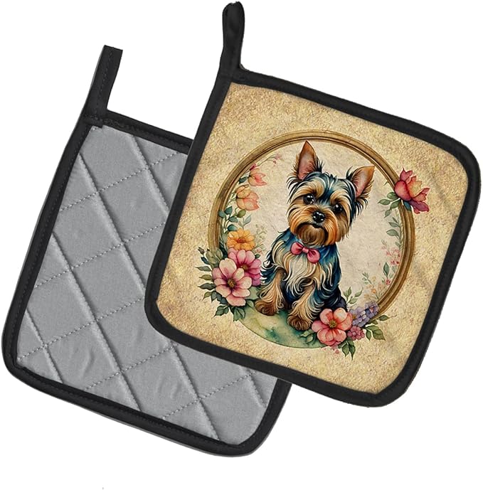 Caroline's Treasures Yorkshire Terrier and Flowers Pair of Pot Holders Kitchen Heat Resistant Pot Holders Sets Oven Hot Pads for Cooking Baking BBQ, 7 1/2 x 7 1/2