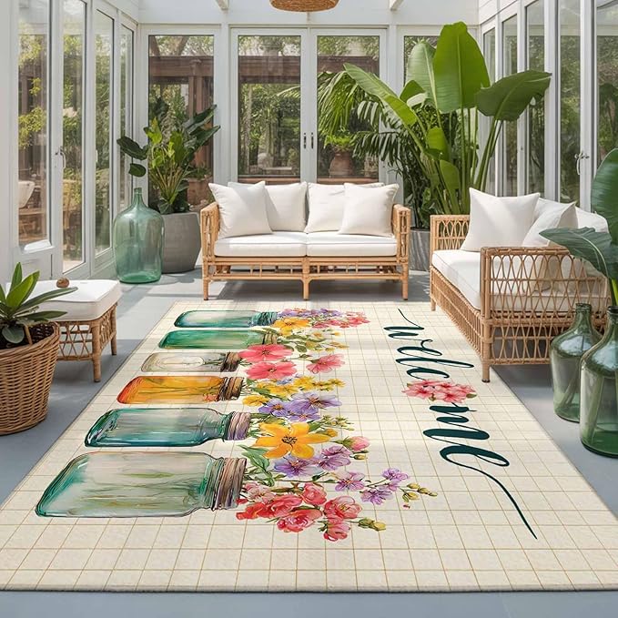 Area Rug 3x5ft, Summer Pastoral Flower Buffalo Plaid Washable Rugs for Living Room Bedroom, Rustic Blossom Floral Soft Non-Slip Area Rugs Rectangle Floor Carpet for Dining Room