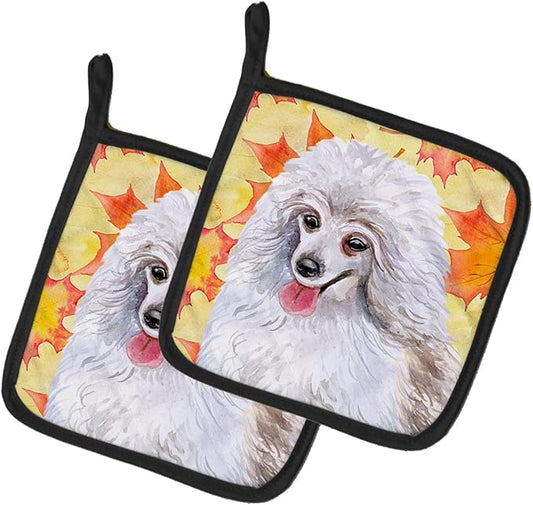 Caroline's Treasures BB9944PTHD Medium White Poodle Fall Pair of Pot Holders, Yellow Kitchen Heat Resistant Pot Holders Sets Oven Hot Pads for Cooking Baking BBQ, 7 1/2 x 7 1/2