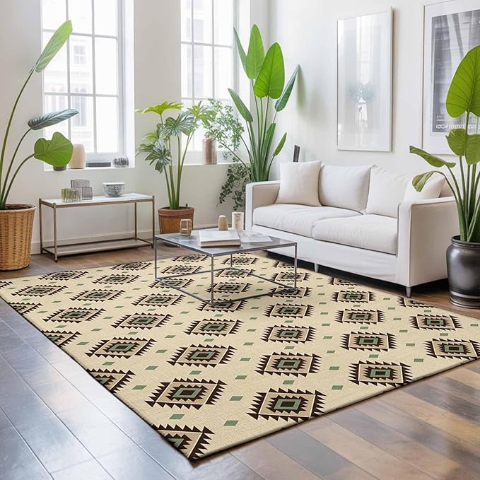 Area Rug 9x12ft, Boho Tribal Diamond Pattern Washable Rugs for Living Room Bedroom Rectangle Floor Carpet, Ethnic Style Art Soft Non-Slip Area Rugs for Dining Room