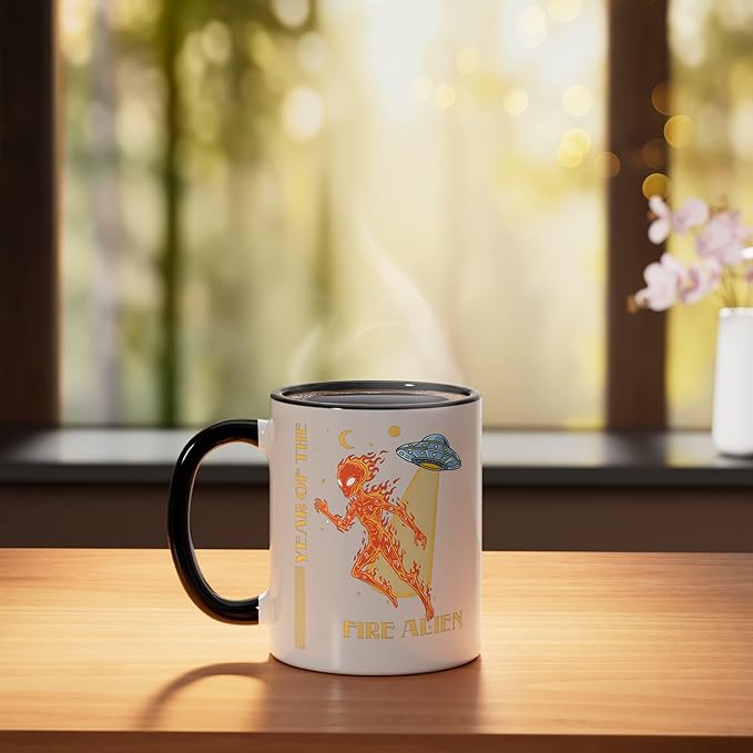 Year of the Fire Alien Chinese Zodiac Celestial Astrology Ceramic Mug, Black/White