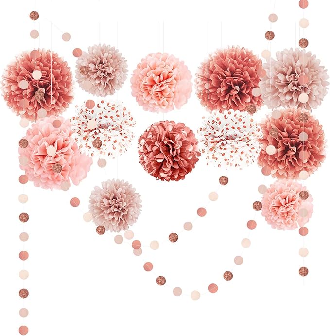 NICROLANDEE Rose Gold Wedding Decorations - 15 PCS Tissue Paper Pom Poms for Engagement Party Wedding Birthday Bridal Shower Bachelorette Dot Paper Garlands Rose Gold Valentines Party Backdrop Decor
