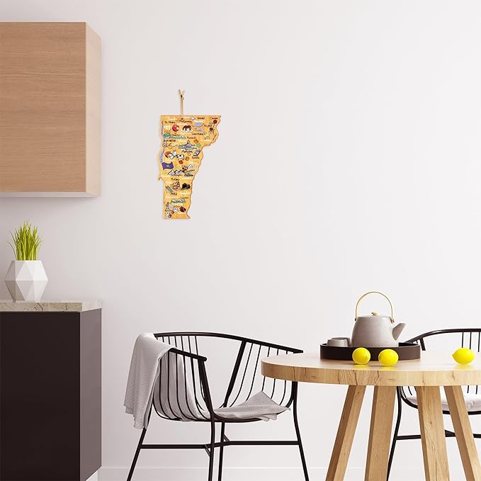 Totally Bamboo Vermont State Shaped Cutting Board and Charcuterie Serving Platter with Artwork by Fish Kiss, Includes Hang Tie for Wall Display