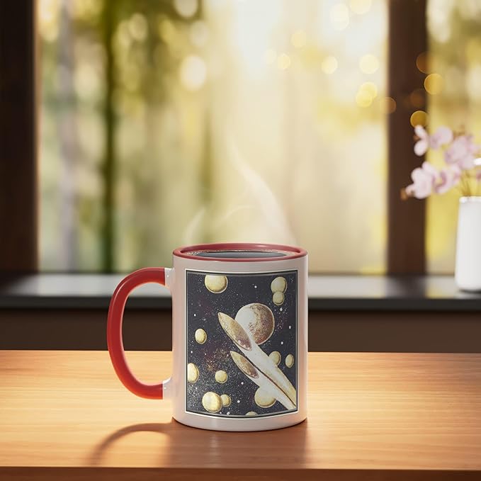 Retro Sci-Fi UFOs Flying Saucers Through Space Ceramic Mug, Red/White