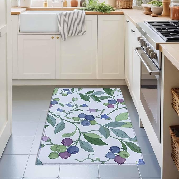 Area Rug 2x3ft, Blueberries Bell Flowers Washable Rugs for Living Room Bedroom, Modern Watercolor Plants Soft Non-Slip Area Rugs Rectangle Floor Carpet for Dining Room