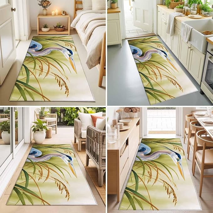 Runner Rug for Bedroom Hallway, Natural Bird Wetland Landscape Kitchen Runner Rugs Area Rug 2x6ft, Wild Heron Grass Washable Soft Floor Carpet for Entryway Stair