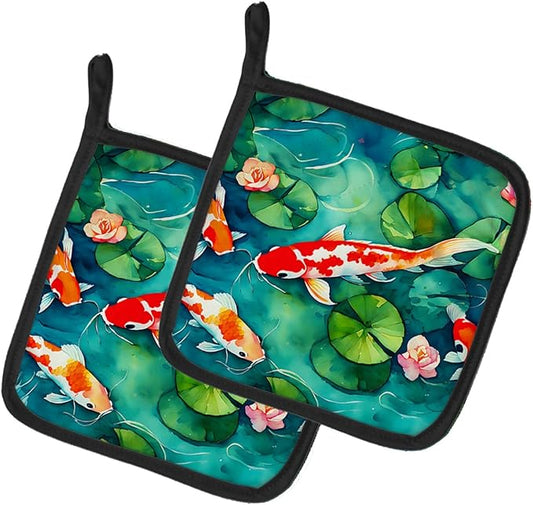 Caroline's Treasures Koi Fish Pair of Pot Holders Kitchen Heat Resistant Pot Holders Sets Oven Hot Pads for Cooking Baking BBQ, 7 1/2 x 7 1/2