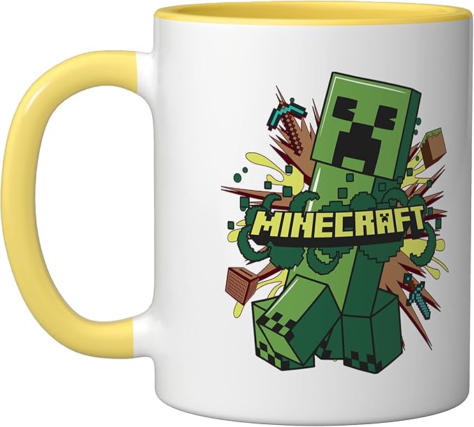 Minecraft Creeper Running From Explosion Ceramic Mug, Yellow/White