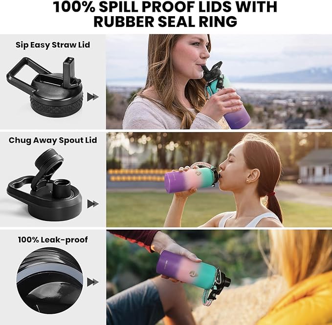 RAYMYLO Insulated Water Bottle 32 oz, Triple Wall Vacuum Stainless Steel (Cold for 24Hrs, Hot for 12Hrs), Leak Proof & Non-BPA, Modern Water Flask Jug with Paracord Handle & Straw Spout Lids