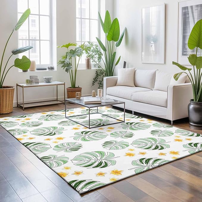 Area Rug 4x6ft, Summer Palm Leaves Pattern Washable Rugs for Living Room Bedroom, Scattered Starburst Flowers Soft Non-Slip Area Rugs Rectangle Floor Carpet for Dining Room