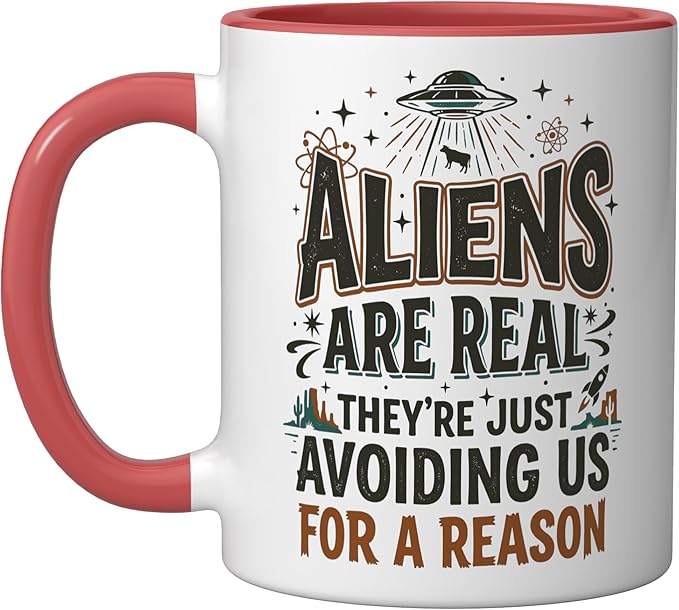 Aliens UFO Space Sci Fi Believer Extraterrestrial Ceramic Mug, Red/White