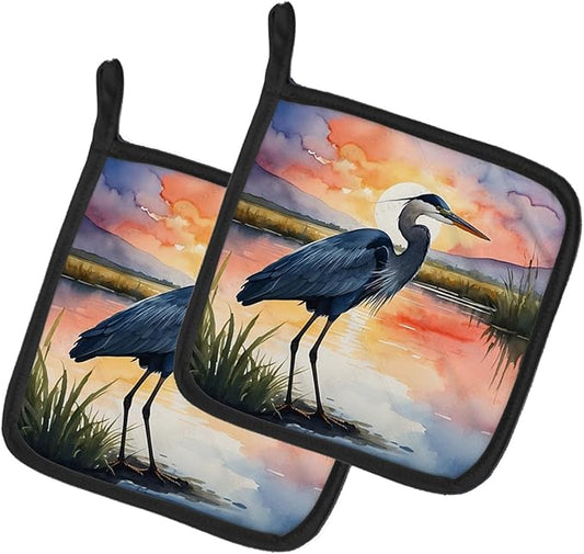 Caroline's Treasures Blue Heron Setting Sun Pair of Pot Holders Kitchen Heat Resistant Pot Holders Sets Oven Hot Pads for Cooking Baking BBQ, 7 1/2 x 7 1/2