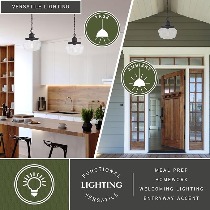 VAXCEL Collins 1 Light Black Farmhouse Outdoor Pendant Clear Schoolhouse Glass