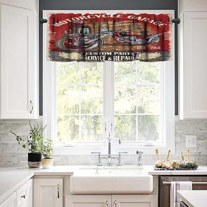 Vintage Motorcycle Valance Curtain Rustic Western Country Farmhouse Classic Motorcycle Rod Pocket Valance Window Treatments Short Curtains for Kitchen Bathroom Farmhouse 54x18inch