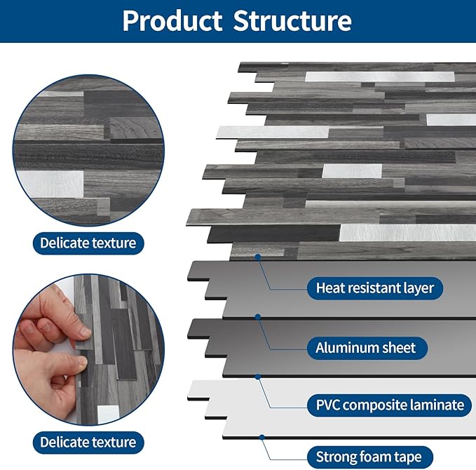Yipscazo 20 Sheets Peel and Stick Stone Metal Tile Backsplash, Stick on Tiles for Backsplash Kitchen, Bathroom, Laundry Room, Camper, Fireplace (12'' X 12'', Black Wood Grain)