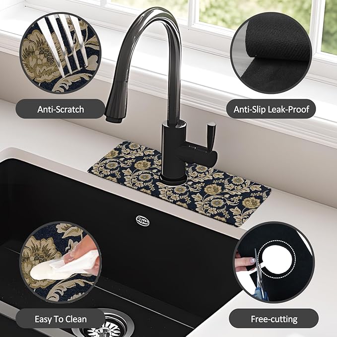 2PCS 15" X 5.5" Kitchen Sink Splash Guard Faucet Mat Floral Flower Super Absorbent Fast Drying Faucet Guard & Draining Mat Sink Splash Guard Behind Faucet for Kitchen, Bathroom