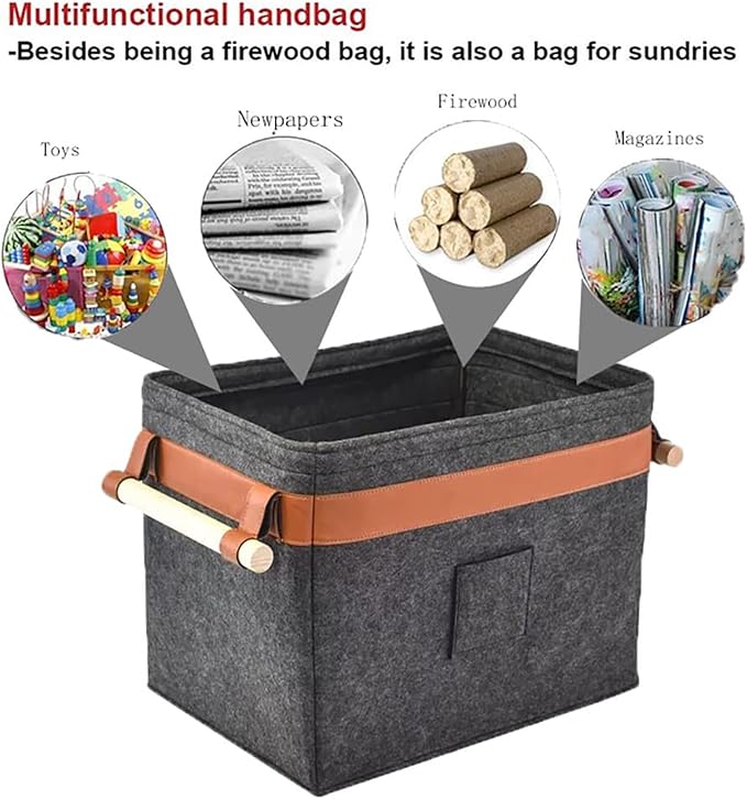 Firewood Basket Carrier, Large Capacity Firewood Holder, Foldable Felt Storage Basket with Handles for Home, Clothes Toys Organizing Design, Storage Accessory for Living Room, Fireplace Use Daily
