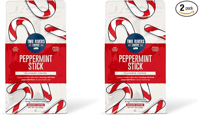 Two Rivers Coffee Peppermint Stick Flavored Ground Coffee Bag, 10 Oz (Pack of 2)