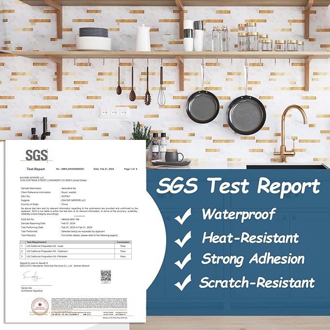 Yipscazo 10 Sheets Peel and Stick Stone Metal Tile Backsplash, Stick on Tiles for Backsplash Kitchen, Bathroom, Laundry Room, Camper, Fireplace (12'' X 12'', White Stone with Gold)