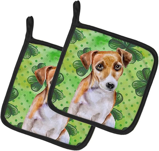 Caroline's Treasures BB9887PTHD Jack Russell Terrier #2 St Patrick's Pair of Pot Holders, Green Kitchen Heat Resistant Pot Holders Sets Oven Hot Pads for Cooking Baking BBQ, 7 1/2 x 7 1/2