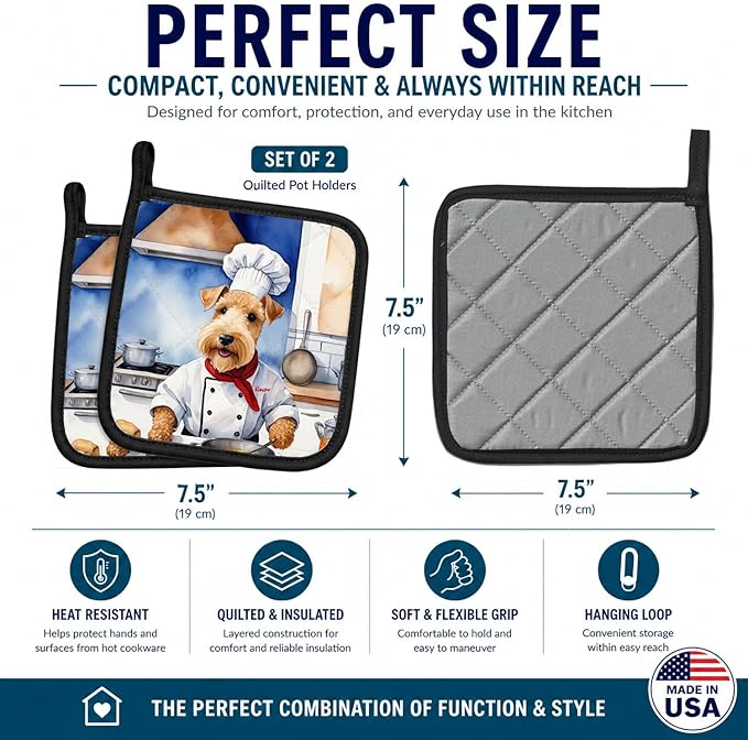 Caroline's Treasures Lakeland Terrier The Chef Pair of Pot Holders Kitchen Heat Resistant Pot Holders Sets Oven Hot Pads for Cooking Baking BBQ, 7 1/2 x 7 1/2