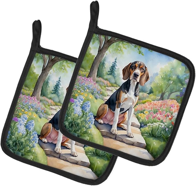 Caroline's Treasures American English Coonhound Spring Garden Pair of Pot Holders Kitchen Heat Resistant Pot Holders Sets Oven Hot Pads for Cooking Baking BBQ, 7 1/2 x 7 1/2